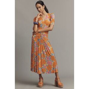 NWT Farm Rio Anthropologie Peony Floral Ruched Midi Dress Sz XS Colorful Stretch